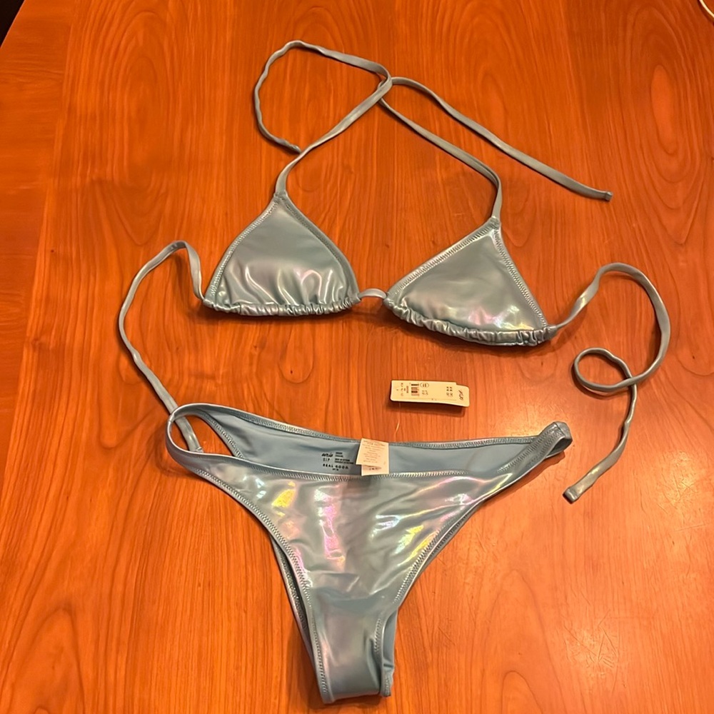 Aerie Metallic String Bikini - Size S - metallic powder blue